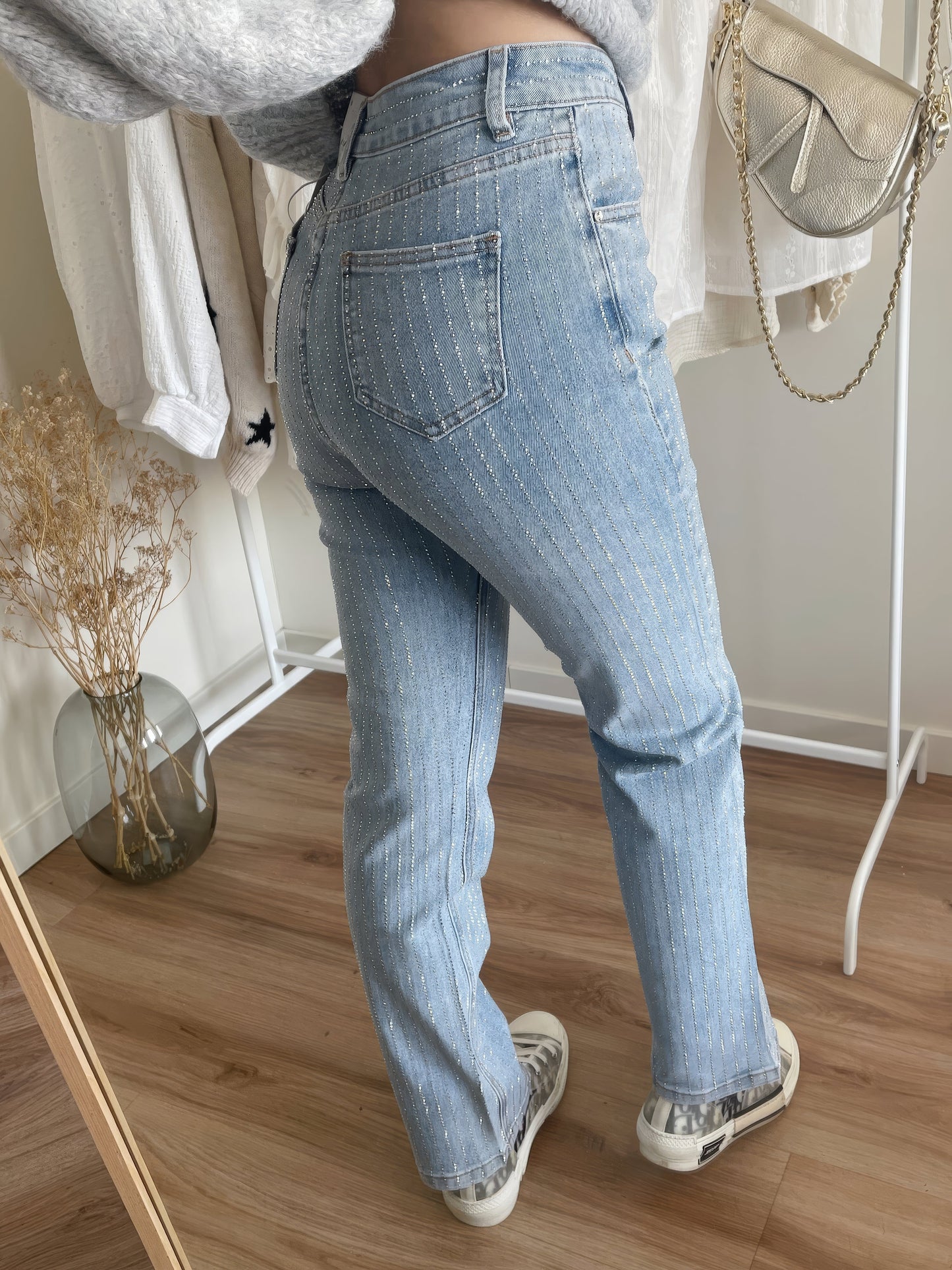 Glitter Jeans - Women's High Waisted Light Blue Straight Leg Jeans-Fashion Nora