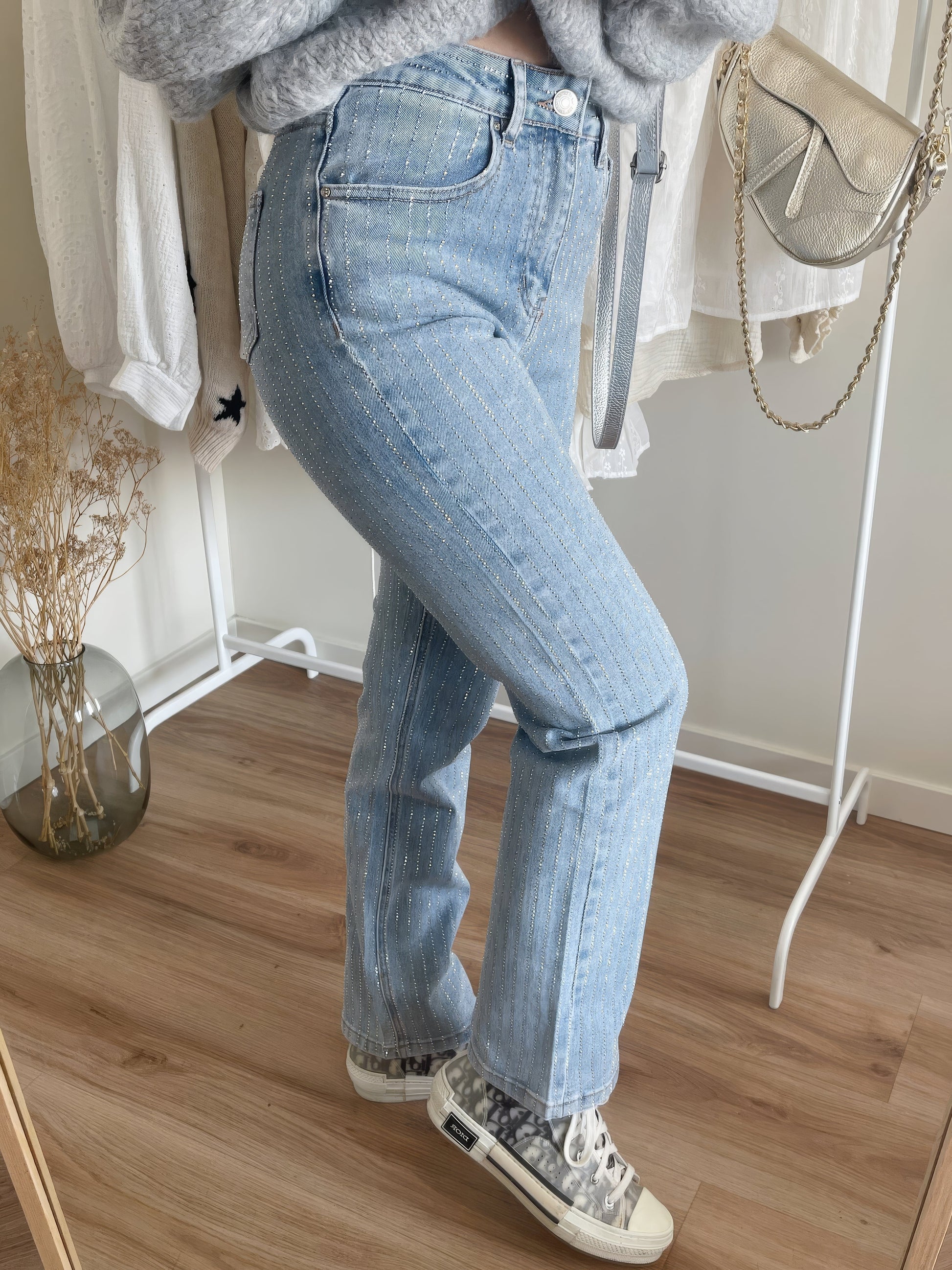 Glitter Jeans - Women's High Waisted Light Blue Straight Leg Jeans-Fashion Nora