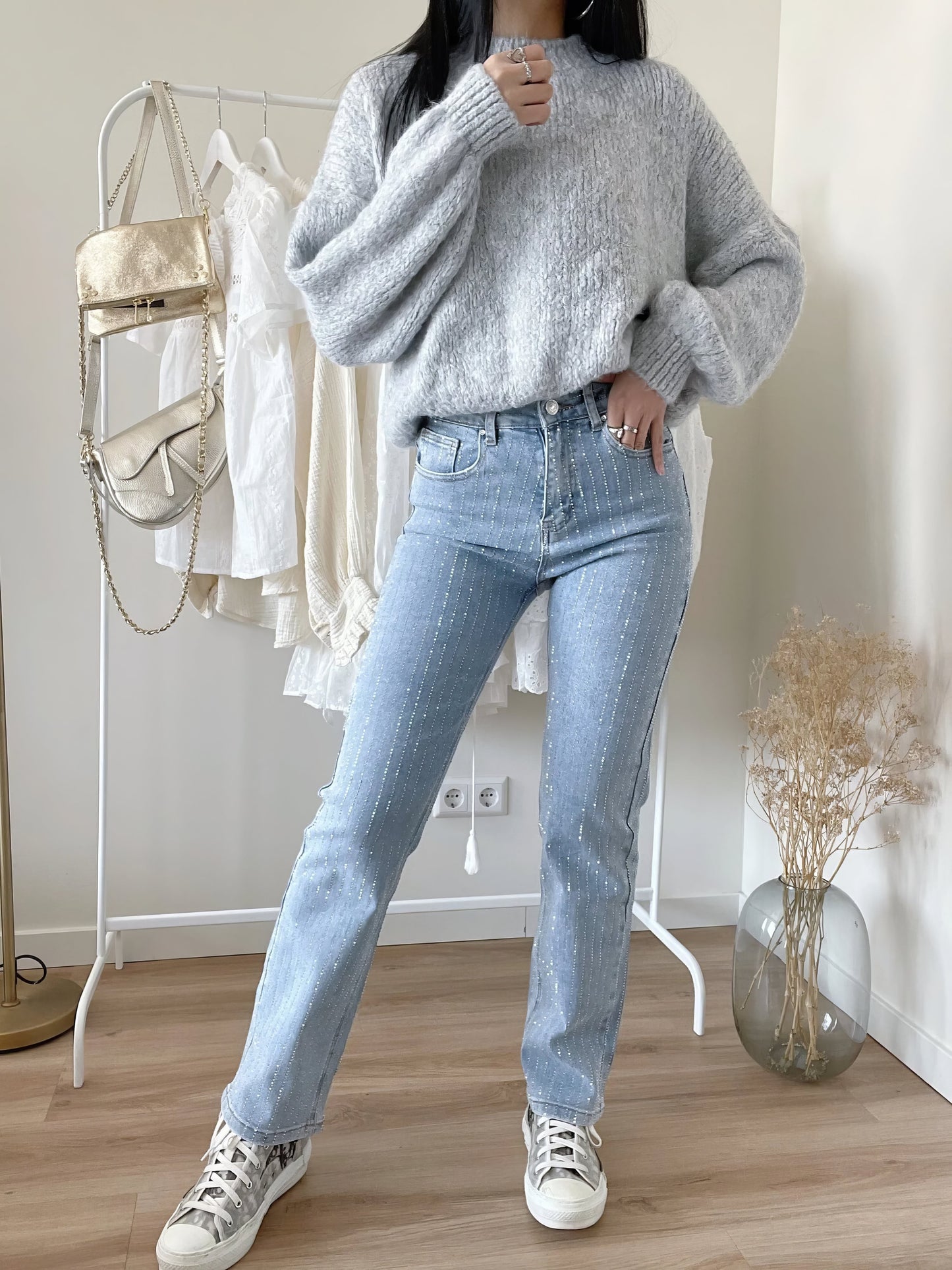 Glitter Jeans - Women's High Waisted Light Blue Straight Leg Jeans-Fashion Nora