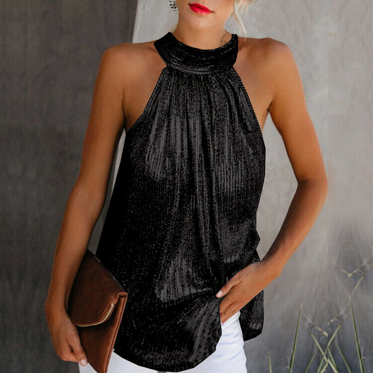Glitter Top - Women's Sleeveless Halter Neck Sequin Party Top-Fashion Nora