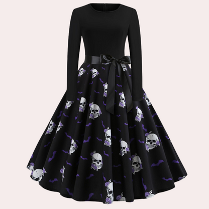 Halloween Dress | Pumpkin Print | Long Sleeve | Fit and Flare Dress | Women's Dress-Fashion Nora