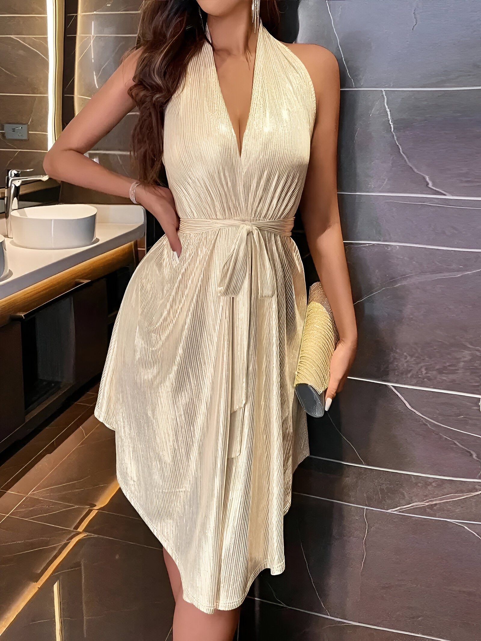 Halter Neck Dress - V-Neck - Asymmetrical - Shiny Dress - Summer Dress-Fashion Nora