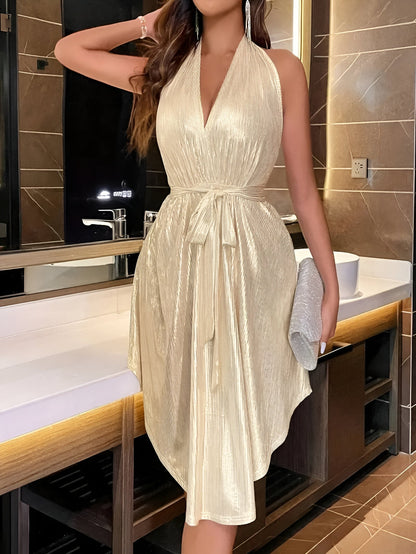 Halter Neck Dress - V-Neck - Asymmetrical - Shiny Dress - Summer Dress-Fashion Nora