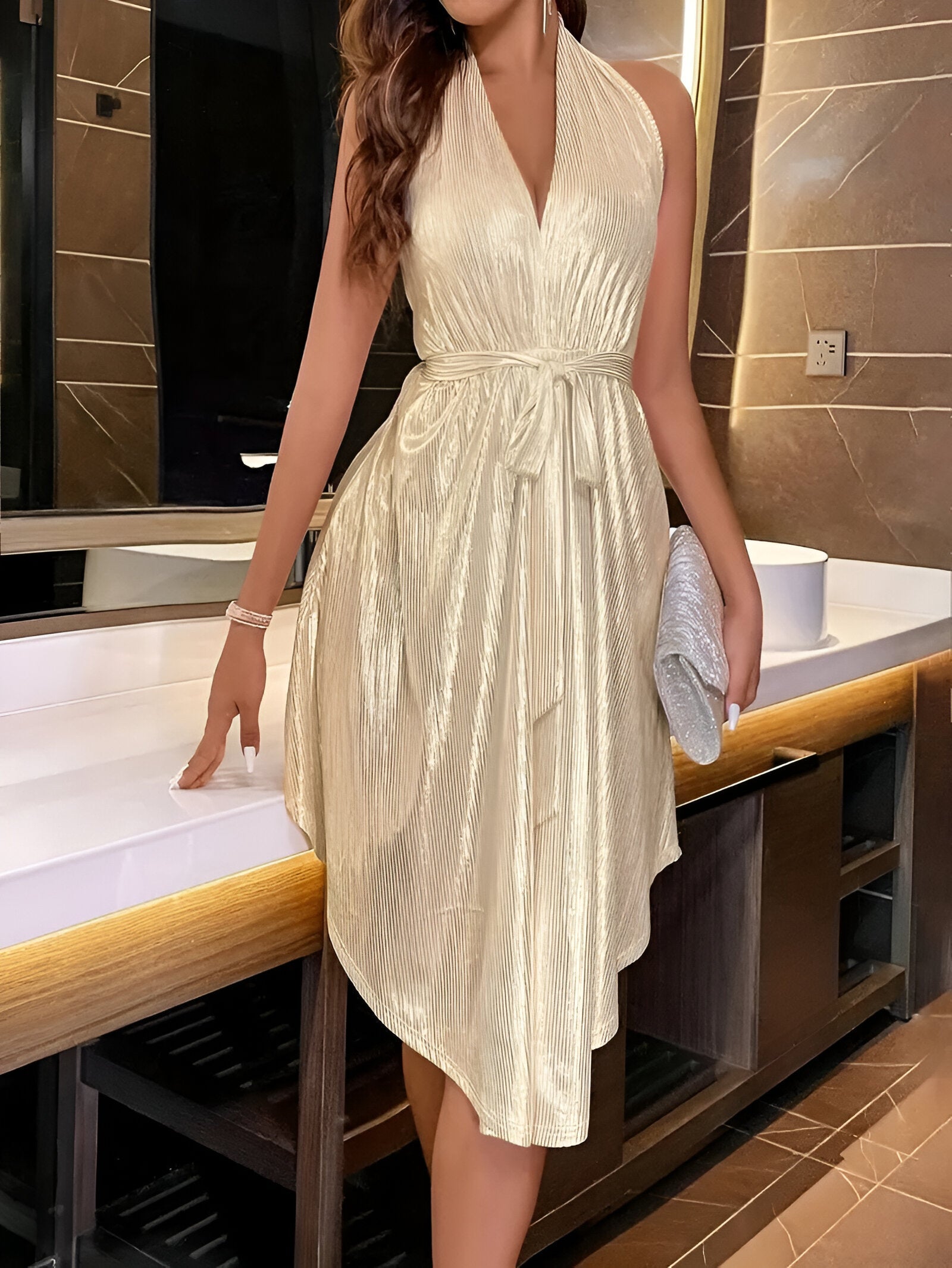 Halter Neck Dress - V-Neck - Asymmetrical - Shiny Dress - Summer Dress-Fashion Nora
