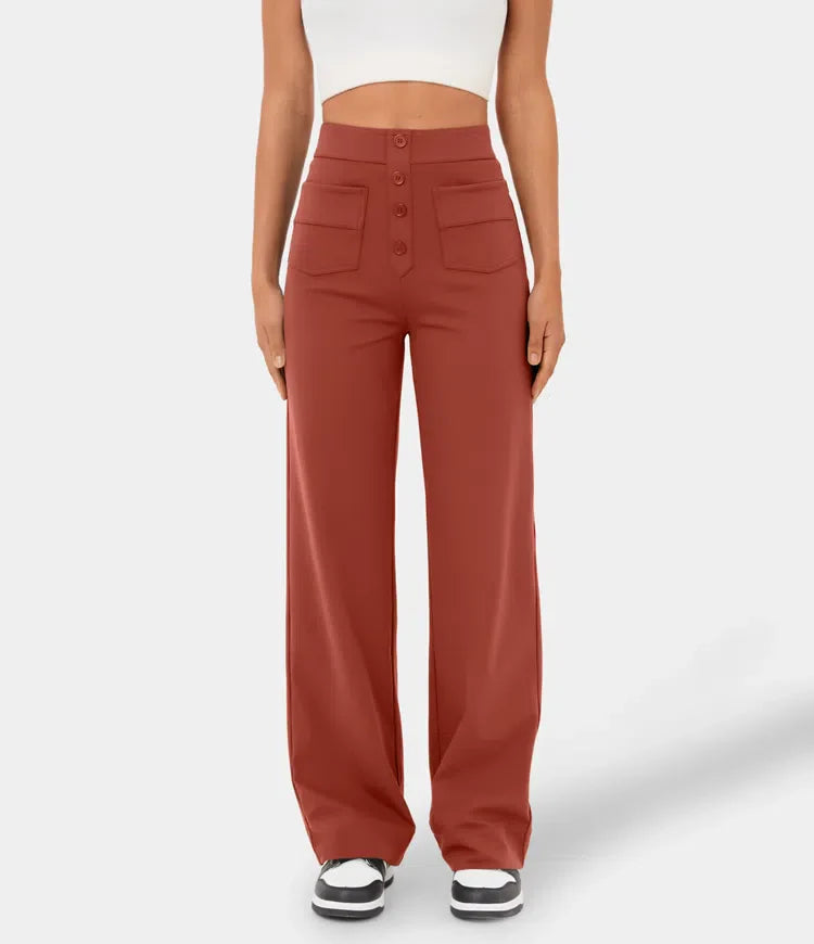 High Waisted Pants | Button | Straight Leg | Wide Leg Pants | Women's Trousers-Fashion Nora