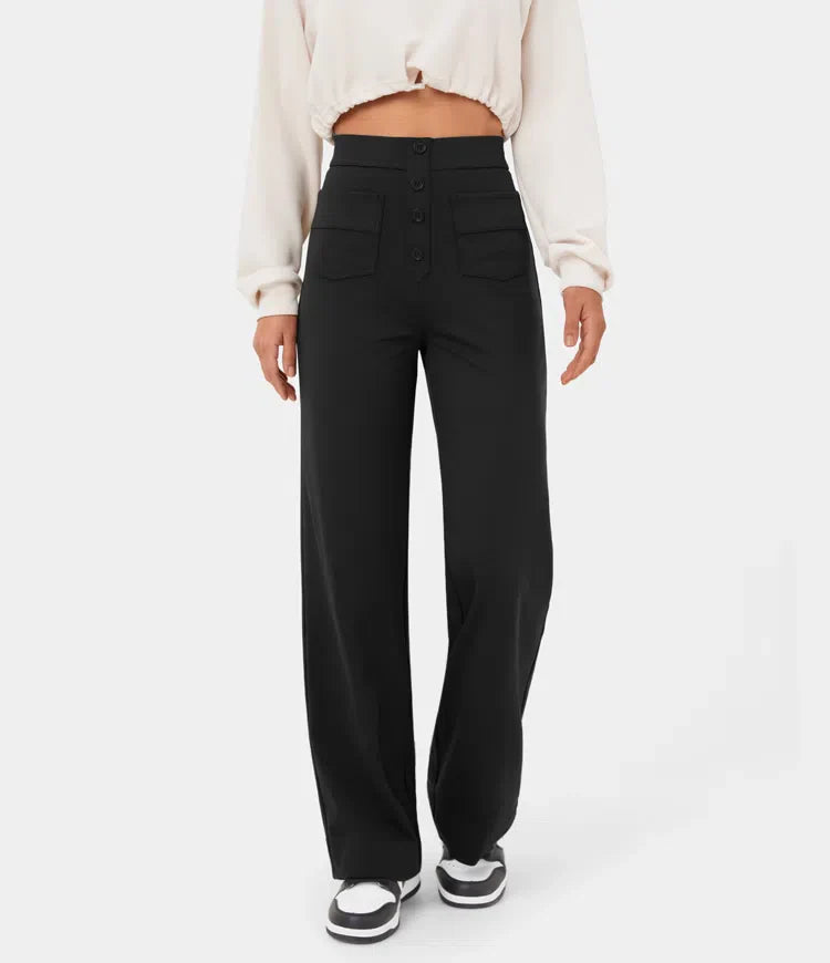 High Waisted Pants | Button | Straight Leg | Wide Leg Pants | Women's Trousers-Fashion Nora
