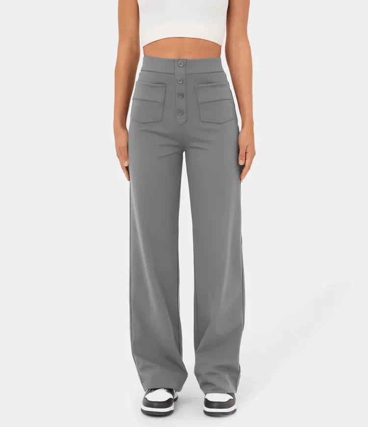 High Waisted Pants | Button | Straight Leg | Wide Leg Pants | Women's Trousers-Fashion Nora