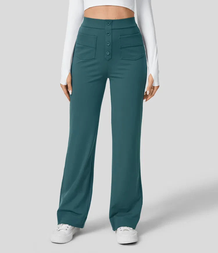 High Waisted Pants | Button | Straight Leg | Wide Leg Pants | Women's Trousers-Fashion Nora