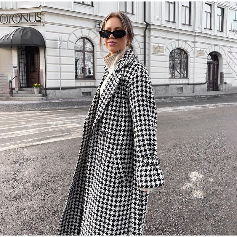 Houndstooth Coat | Long | Double Breasted | Trench Coat | Women's Coat-Fashion Nora