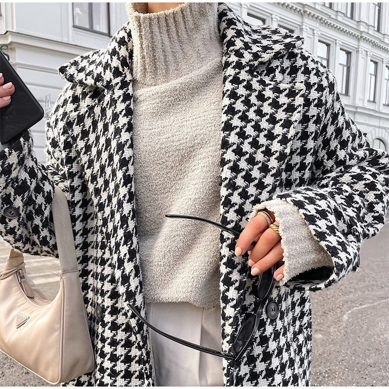 Houndstooth Coat | Long | Double Breasted | Trench Coat | Women's Coat-Fashion Nora