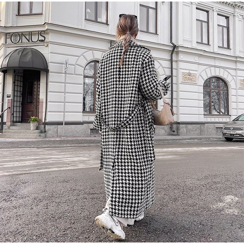 Houndstooth Coat | Long | Double Breasted | Trench Coat | Women's Coat-Fashion Nora