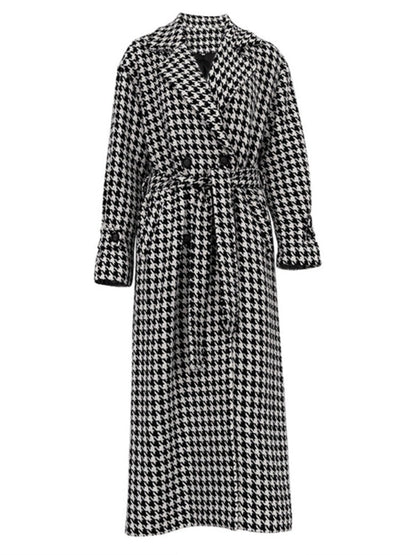 Houndstooth Coat | Long | Double Breasted | Trench Coat | Women's Coat-Fashion Nora