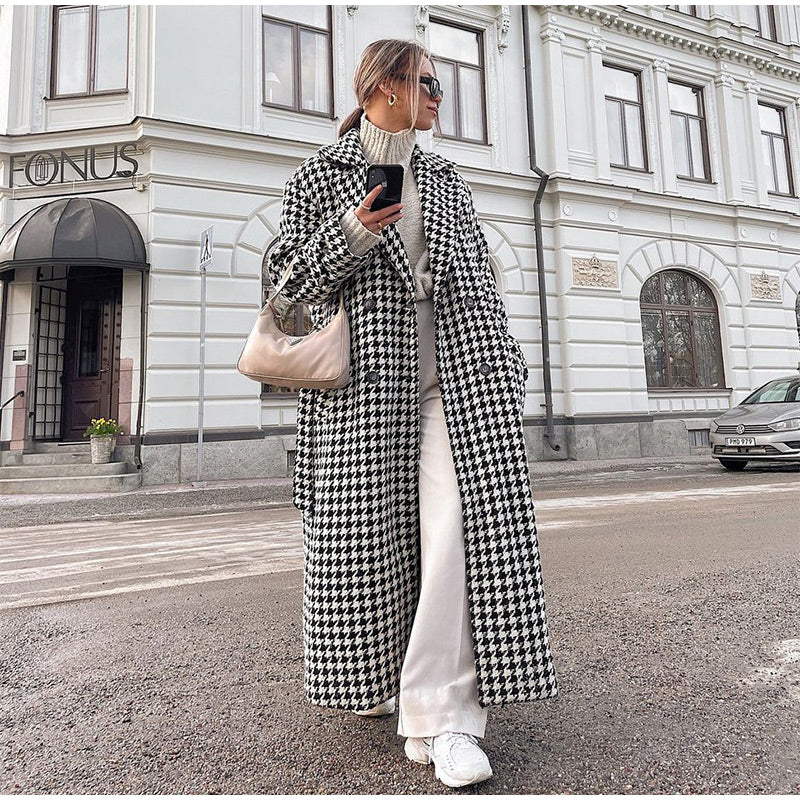 Houndstooth Coat | Long | Double Breasted | Trench Coat | Women's Coat-Fashion Nora