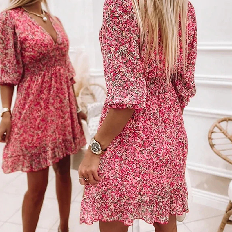 Jessica Summer Dress | Floral dress with puff sleeves and mid waist-Fashion Nora