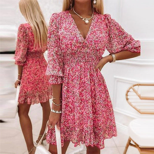 Jessica Summer Dress | Floral dress with puff sleeves and mid waist-Fashion Nora