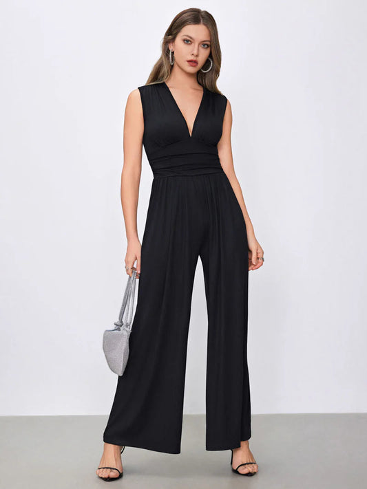 Jumpsuit - V-Neck - Sleeveless - Wide Leg Pants - Women's Clothing-Fashion Nora