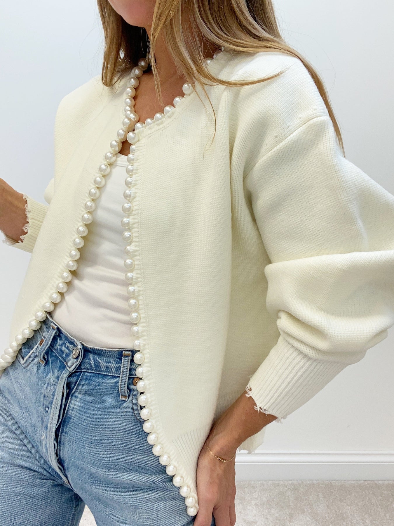 Knit Cardigan - Women's Chic Pearl Decor Lantern Sleeve Oversized Cardigan -Fashion Nora