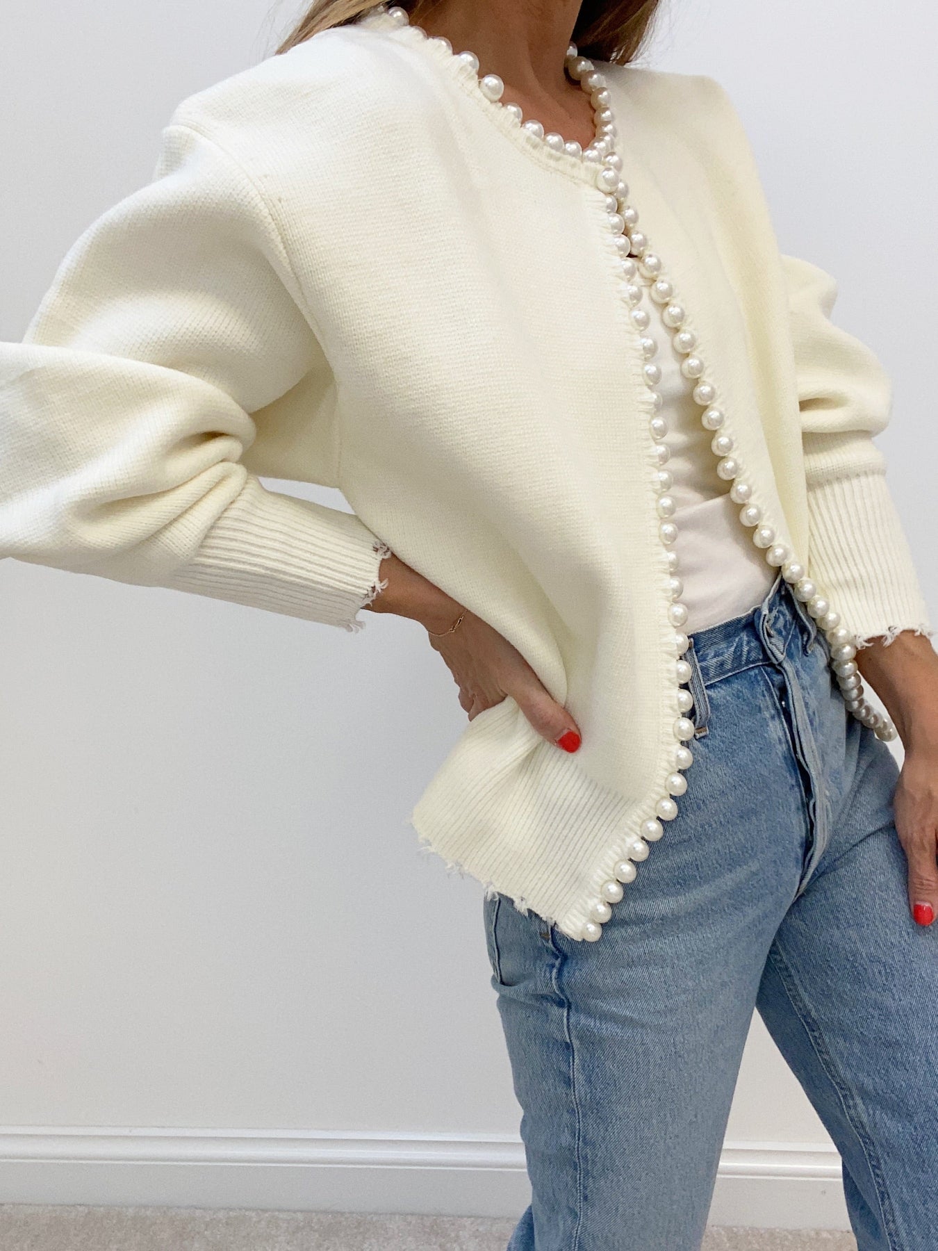 Knit Cardigan - Women's Chic Pearl Decor Lantern Sleeve Oversized Cardigan -Fashion Nora