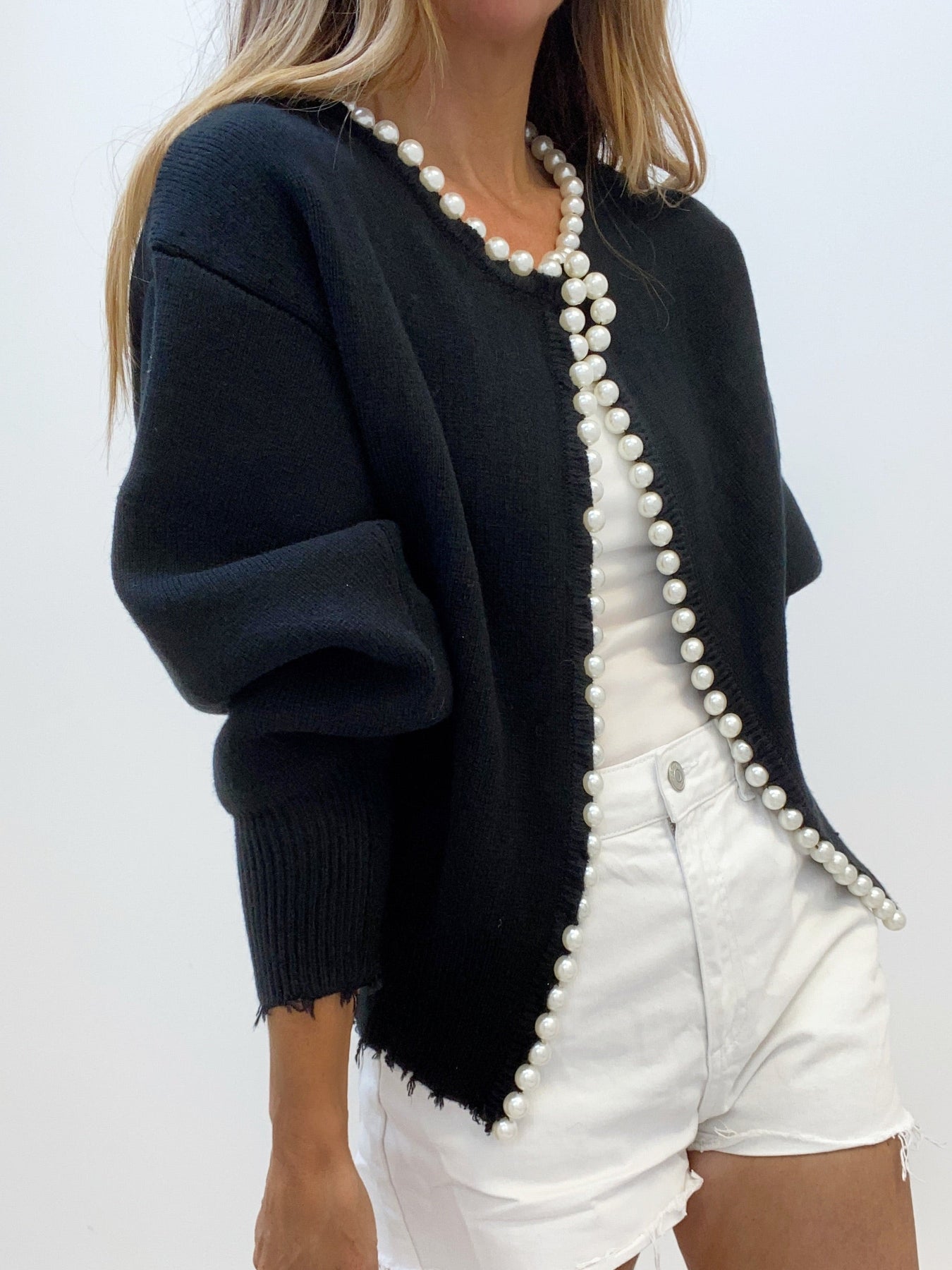 Knit Cardigan - Women's Chic Pearl Decor Lantern Sleeve Oversized Cardigan -Fashion Nora