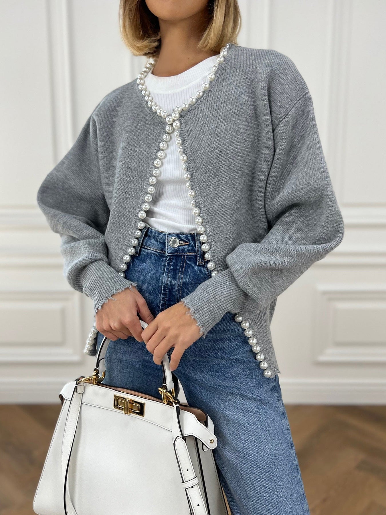 Knit Cardigan - Women's Chic Pearl Decor Lantern Sleeve Oversized Cardigan -Fashion Nora