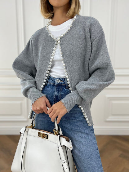 Knit Cardigan - Women's Chic Pearl Decor Lantern Sleeve Oversized Cardigan -Fashion Nora
