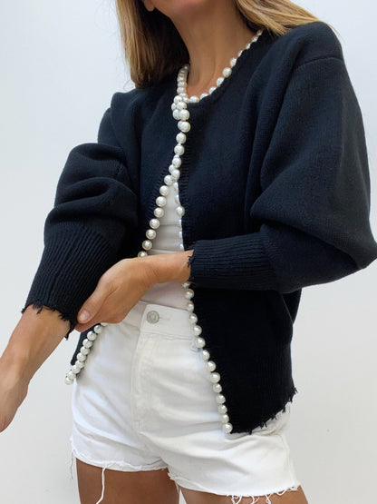 Knit Cardigan - Women's Chic Pearl Decor Lantern Sleeve Oversized Cardigan -Fashion Nora
