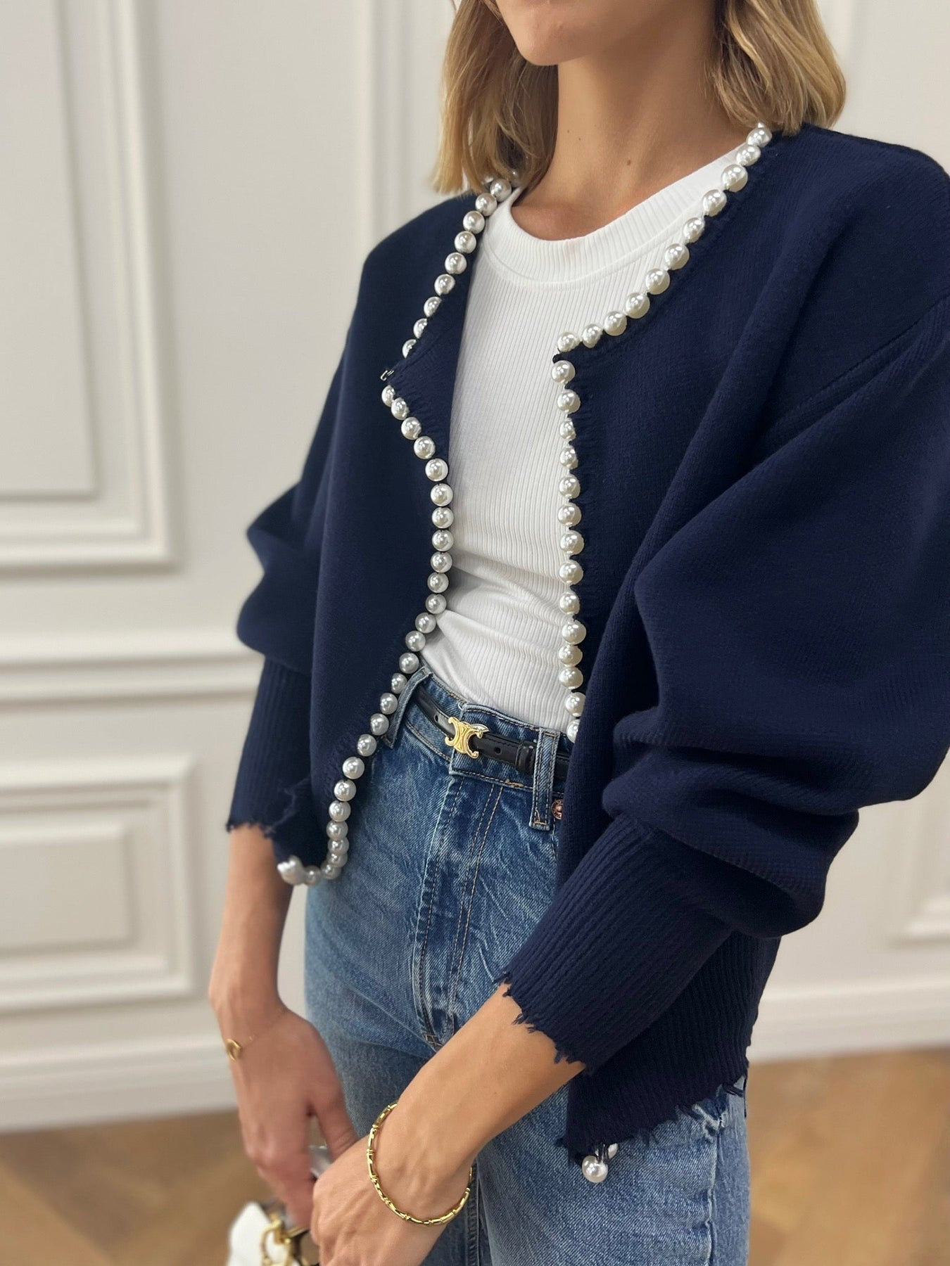 Knit Cardigan - Women's Chic Pearl Decor Lantern Sleeve Oversized Cardigan -Fashion Nora