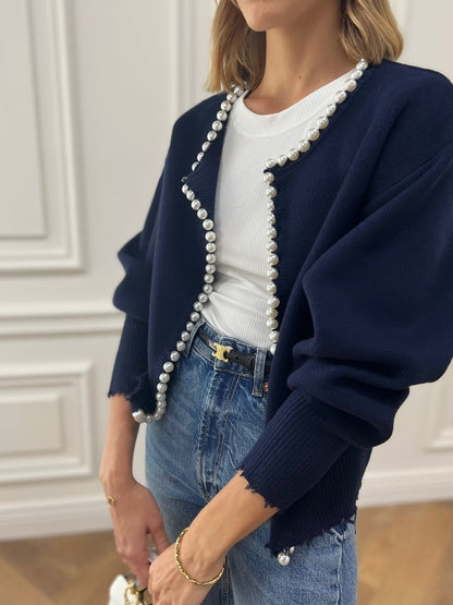 Knit Cardigan - Women's Chic Pearl Decor Lantern Sleeve Oversized Cardigan -Fashion Nora