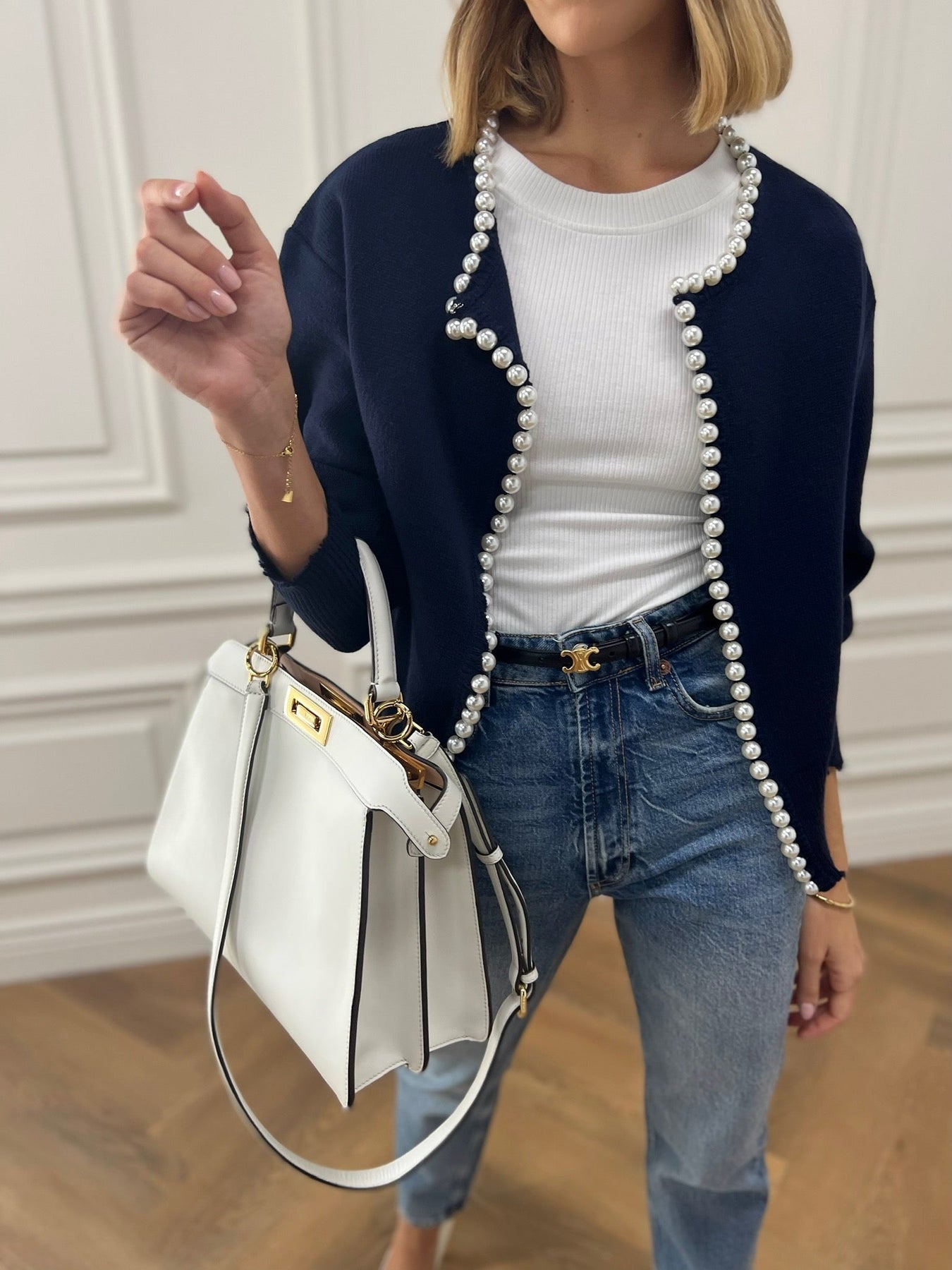 Knit Cardigan - Women's Chic Pearl Decor Lantern Sleeve Oversized Cardigan -Fashion Nora