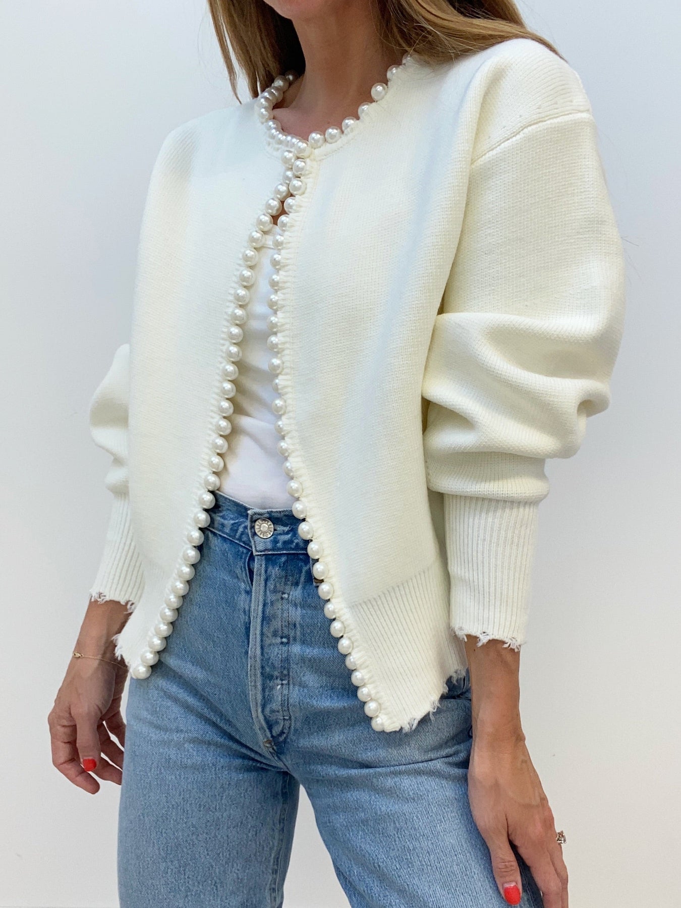 Knit Cardigan - Women's Chic Pearl Decor Lantern Sleeve Oversized Cardigan -Fashion Nora