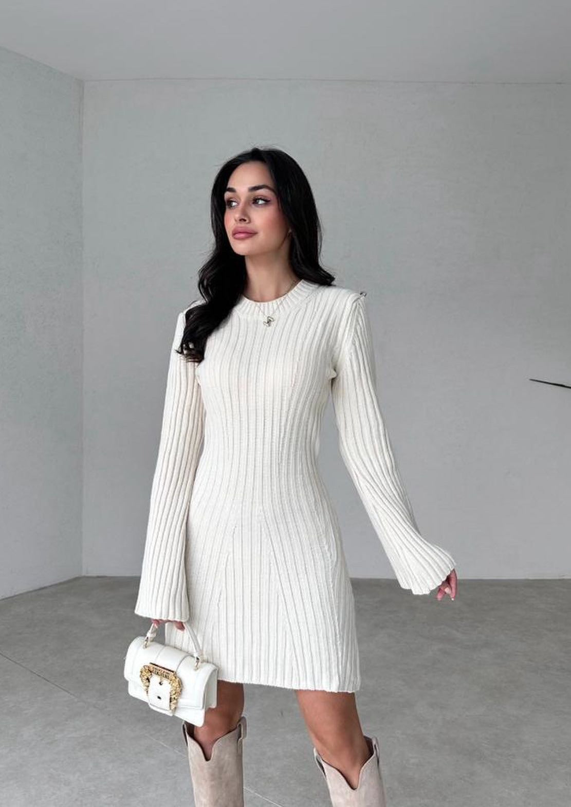 Knit Dress | Long Sleeve | Crew Neck | Bell Sleeve Dress | Mini Knit Dress-Fashion Nora