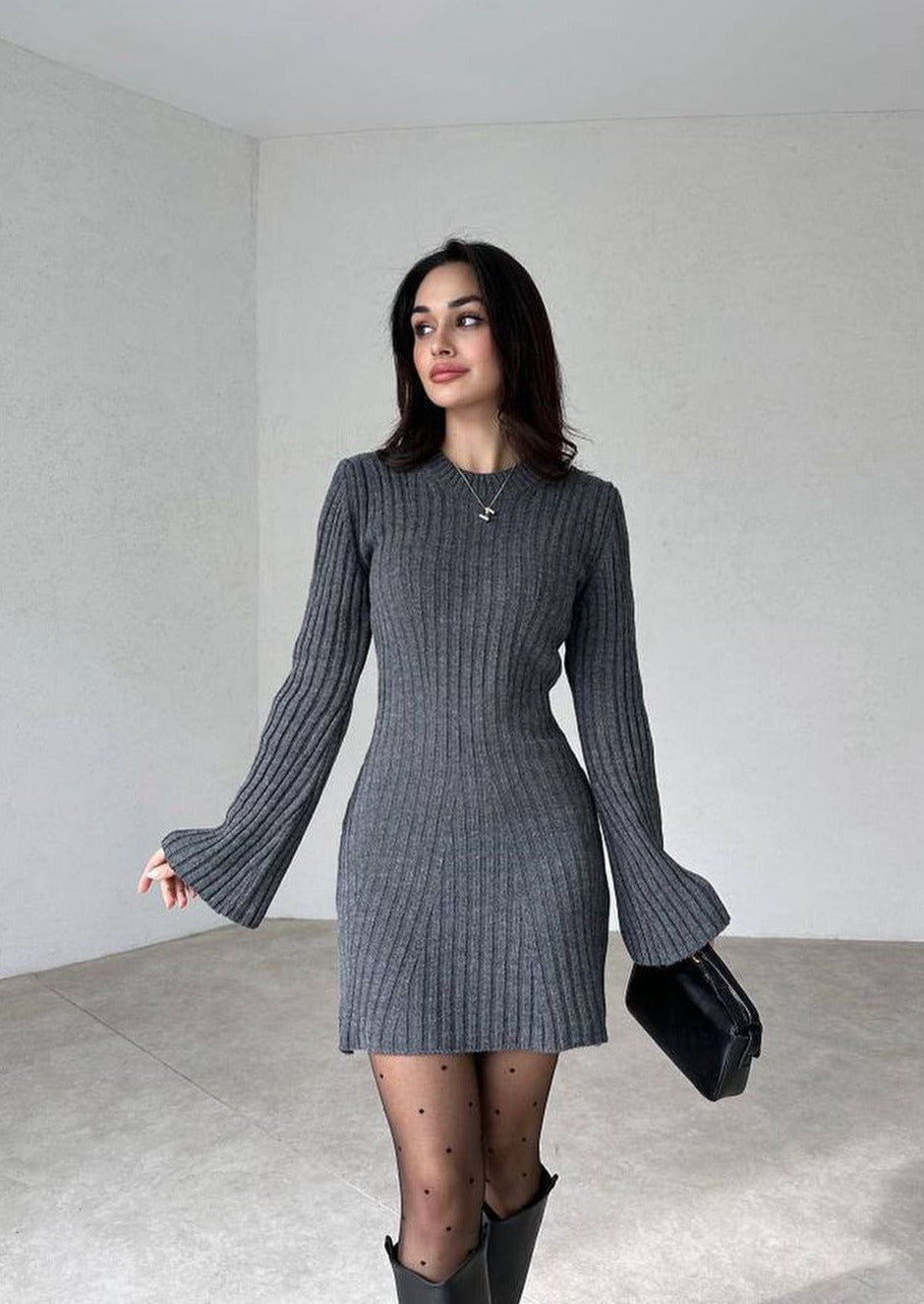 Knit Dress | Long Sleeve | Crew Neck | Bell Sleeve Dress | Mini Knit Dress-Fashion Nora