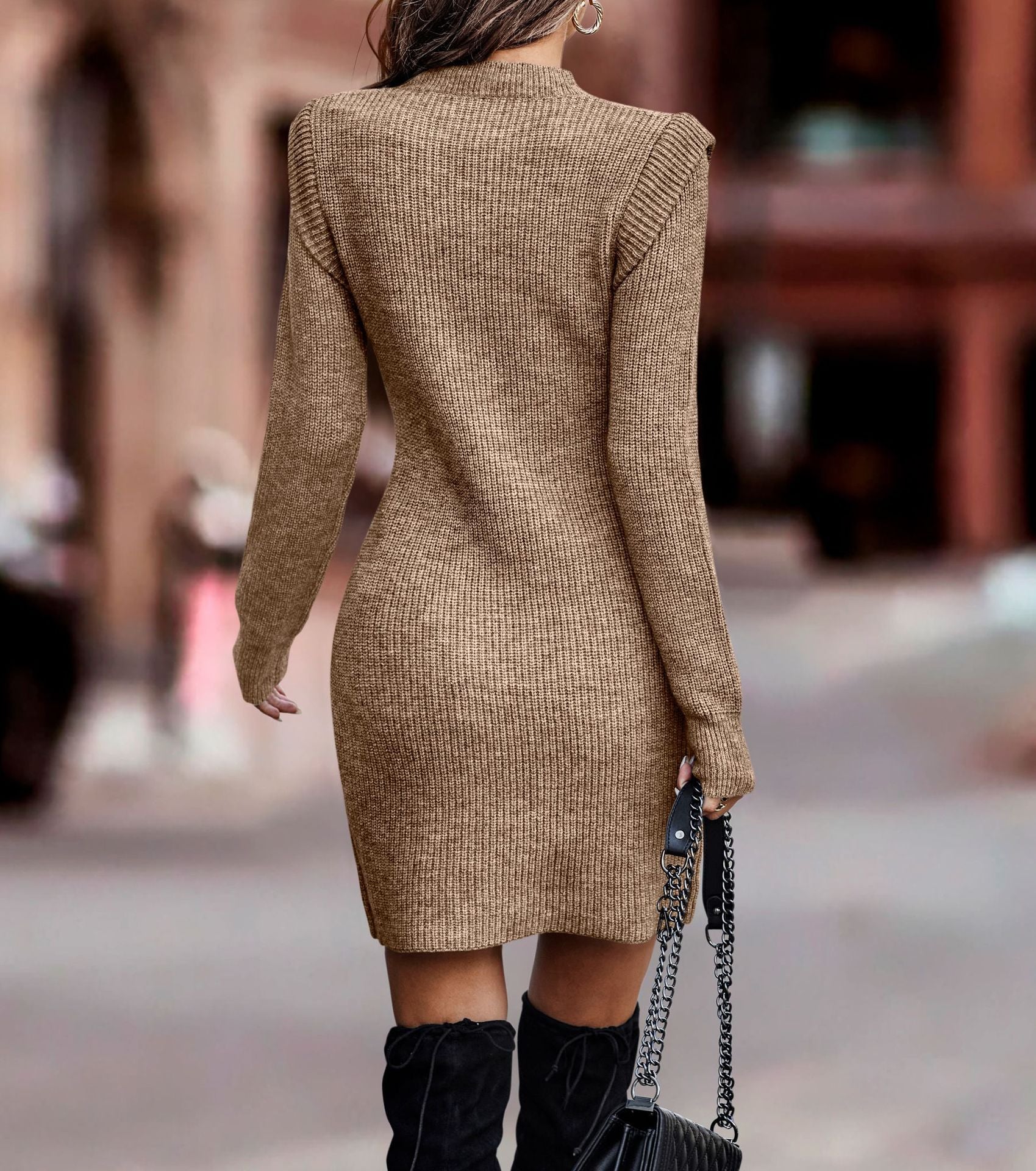 Knit Dress - Mini - Long Sleeve - Autumn Dress - Bodycon Dress-Fashion Nora