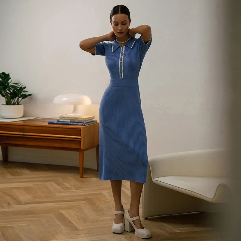 Knit Dress - Turn Down Collar - Short Sleeve - Midi Dress - Blue Dress-Fashion Nora