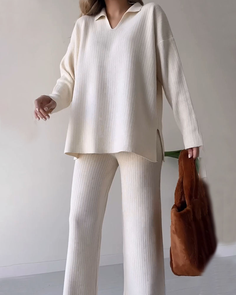 Knit Loungewear Set - Loose Fit - Long Sleeve - Knit Two-Piece Set - Co-Ord Sets Women-Fashion Nora