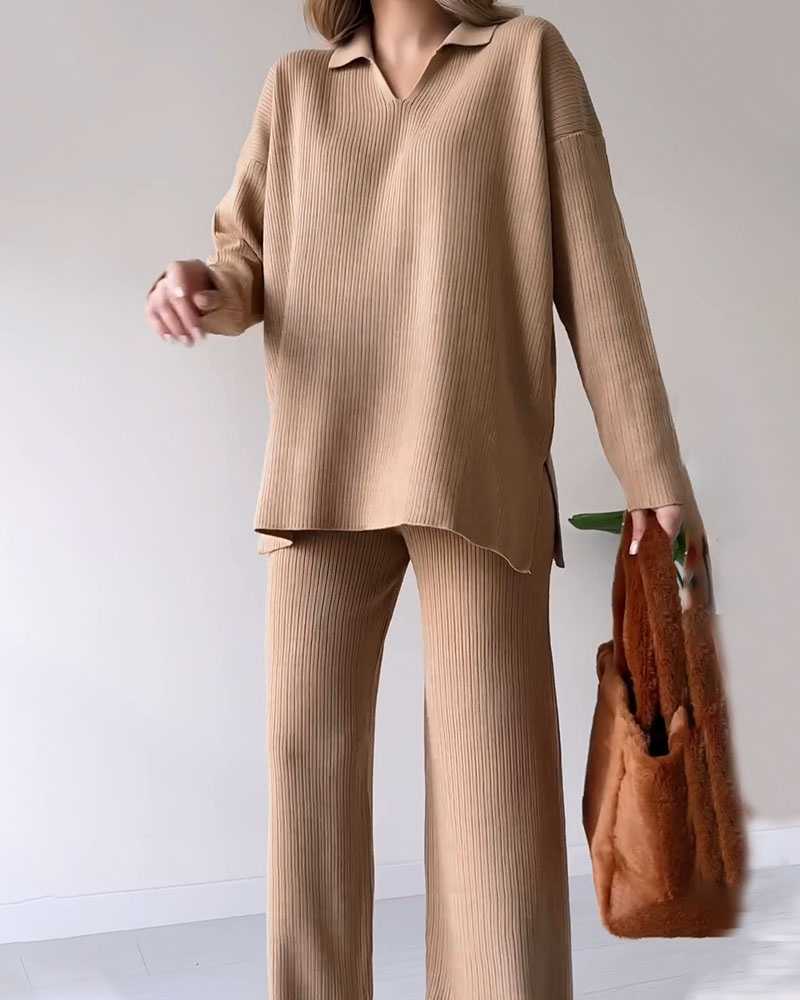 Knit Loungewear Set - Loose Fit - Long Sleeve - Knit Two-Piece Set - Co-Ord Sets Women-Fashion Nora