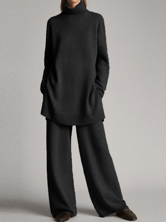 Knitted Co-Ord - Turtleneck - Wide Leg - Knit Two-Piece Set - Women's Loungewear-Fashion Nora