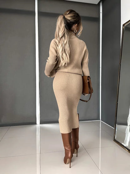 Knitted Co-Ord - Women's Midi Skirt and Knit Sweater Two-Piece Set-Fashion Nora