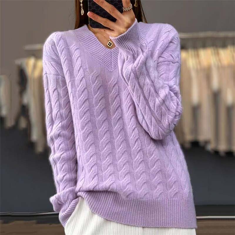 Knitted Sweater - V-Neck - Cable Knit - Knit Sweater - Women's Knitwear-Fashion Nora