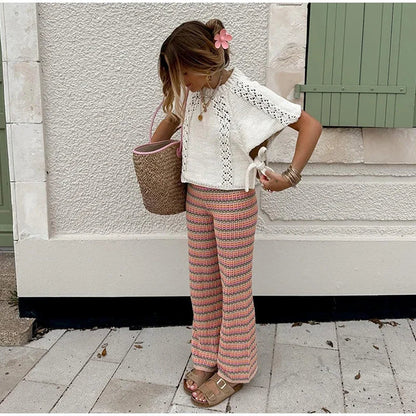 Knitted Top - Loose Fit - Short Sleeve - White Knit Top - Women's Clothing-Fashion Nora