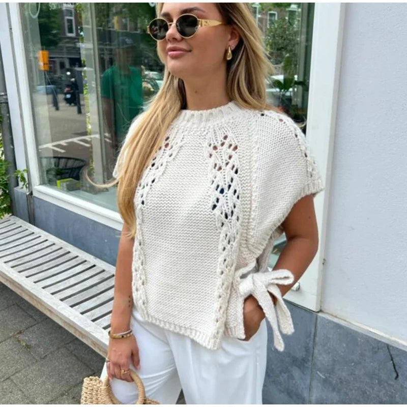 Knitted Top - Loose Fit - Short Sleeve - White Knit Top - Women's Clothing-Fashion Nora