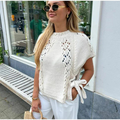Knitted Top - Loose Fit - Short Sleeve - White Knit Top - Women's Clothing-Fashion Nora