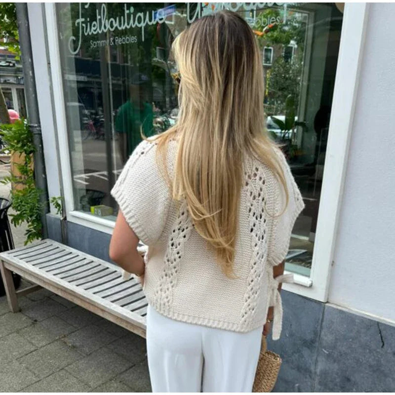 Knitted Top - Loose Fit - Short Sleeve - White Knit Top - Women's Clothing-Fashion Nora