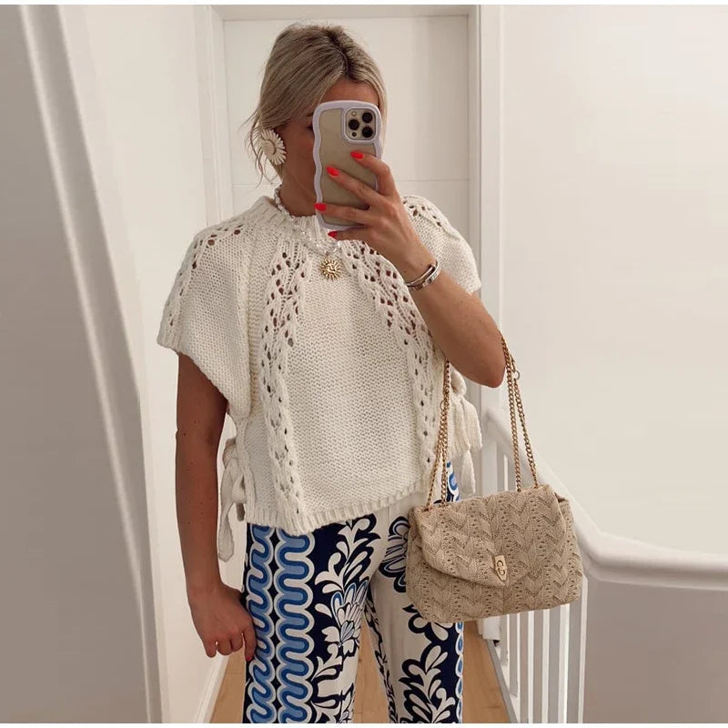 Knitted Top - Loose Fit - Short Sleeve - White Knit Top - Women's Clothing-Fashion Nora