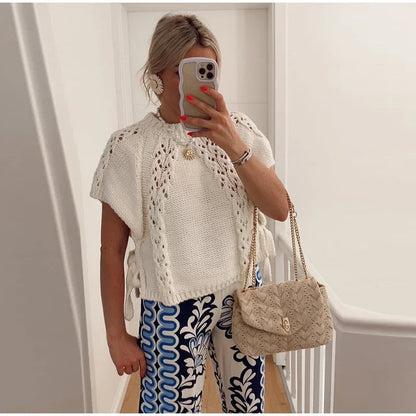 Knitted Top - Loose Fit - Short Sleeve - White Knit Top - Women's Clothing-Fashion Nora