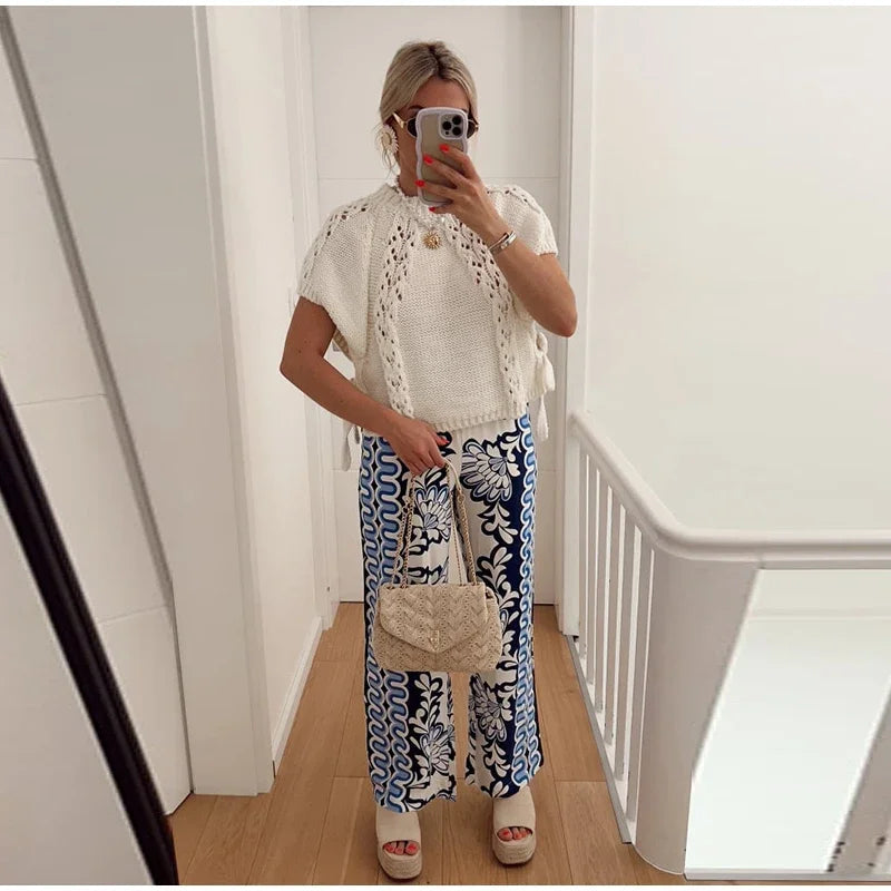 Knitted Top - Loose Fit - Short Sleeve - White Knit Top - Women's Clothing-Fashion Nora