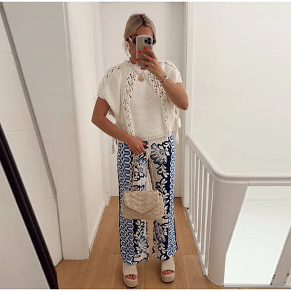 Knitted Top - Loose Fit - Short Sleeve - White Knit Top - Women's Clothing-Fashion Nora