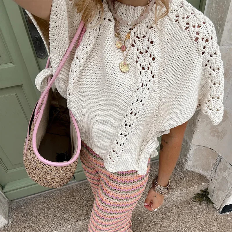 Knitted Top - Loose Fit - Short Sleeve - White Knit Top - Women's Clothing-Fashion Nora