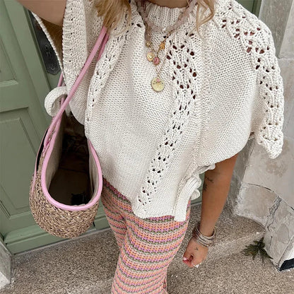 Knitted Top - Loose Fit - Short Sleeve - White Knit Top - Women's Clothing-Fashion Nora