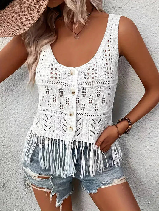 Knitted Top, White, Tassel, Boho Top, Summer Tops-Fashion Nora